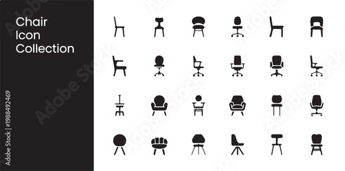 Chair icon collection with diverse seating styles side profile views and front silhouettes for interior design plans.
