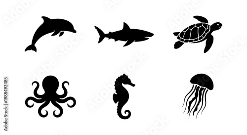 Sea animal silhouette collection, 6 black aquatic creature icons, minimalist ocean life vector set with shark, dolphin, turtle, octopus, seahorse and jellyfish
