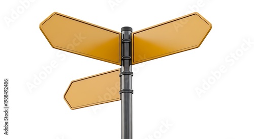 Yellow Three Way Directional Signpost Symbolizing Decision Making Career Path Options and Strategic Future Business Navigation White Background