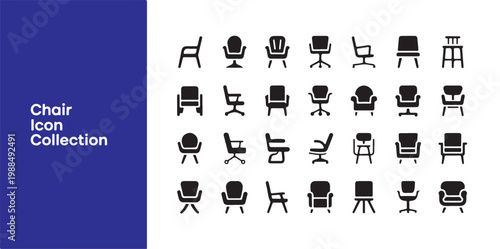 Collection of modern and classic chair icons for interior design and furniture concepts.