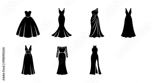 Elegant evening dress silhouettes, set of 7 black formal gown icons. Luxury bridal and gala fashion apparel vectors for wedding invitations and boutique branding.