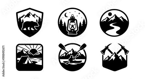 Vintage outdoor adventure badges, set of 6 black and white mountain camping icons, rustic wilderness exploration emblems with bear and lantern