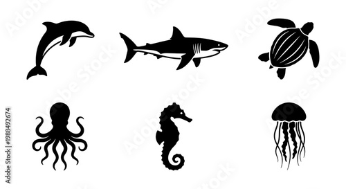 Marine animal silhouette icons, set of 6 sea life vector elements, black aquatic creature symbols including shark, dolphin, turtle, and octopus