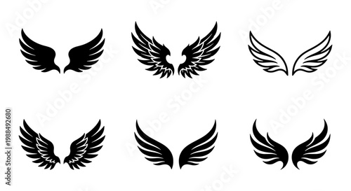 Heraldic wing silhouettes collection, 6 black eagle and angel wings vector set, tribal feather wing icons for logo design and tattoo art