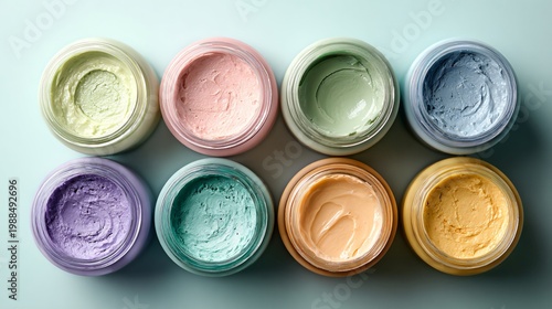 Pastel flat lay with skincare jars open, cream texture visible, soft lighting