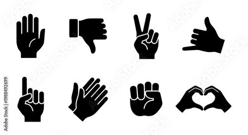Black hand gesture icons set, 8 human hand signs and silhouettes, flat vector symbols for communication and social media interaction