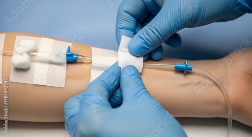 Medical professional initiating intravenous access with a catheter in a patient's arm demonstrating healthcare expertise