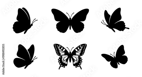 Black butterfly silhouette set, 6 vector butterfly icons in various flight positions, minimalist insect wing shapes for nature branding and tattoo design