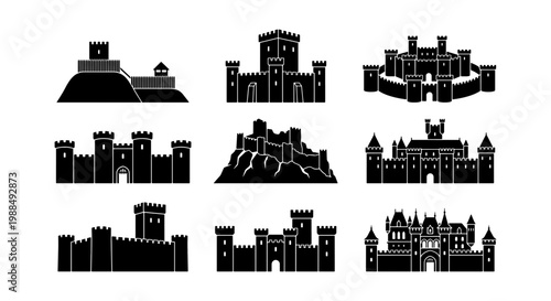 Medieval castle silhouette icons set, 9 black fortress and palace vector elements, ancient stone citadel and kingdom architecture for map design