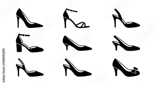Elegant women high heel shoes icons, set of 9 black footwear silhouettes, classic stiletto and pump fashion vector illustrations for retail design