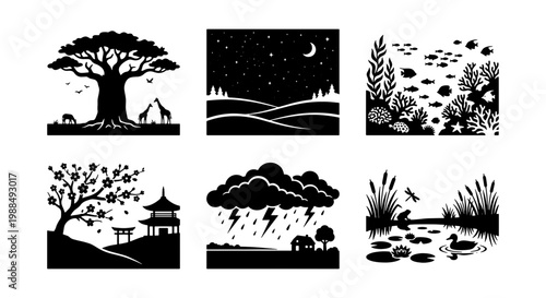 Minimalist nature landscape silhouettes, set of 6 black and white vector icons, diverse ecosystem scenes including savanna, ocean, and forest