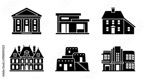 Architectural building icons set, black silhouette house styles and historical landmarks, 6 vector elements for real estate and urban design