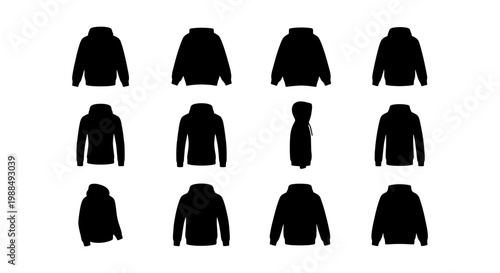 Black hoodie silhouette collection, set of 12 hooded sweatshirt icons in vector format, streetwear apparel templates for fashion design and mockups