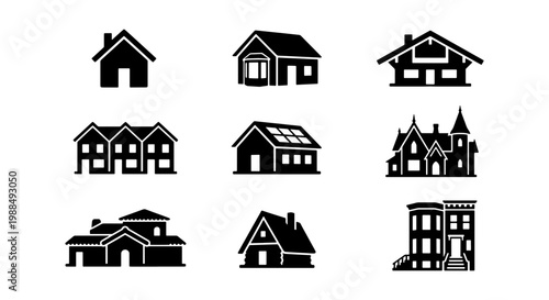 Minimalist house icon set, black silhouette building vector collection, residential architecture symbols for real estate and urban planning