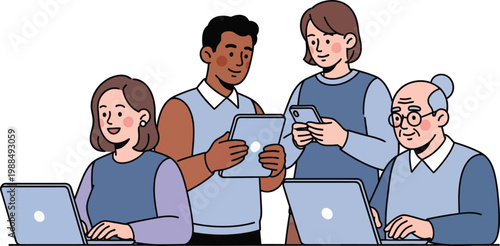 Multigenerational diverse business team using digital devices vector