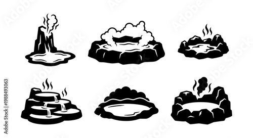 Geothermal hot springs and volcanic geyser icons, black and white thermal pool vector set, 6 natural spa and volcanic landscape elements