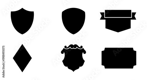 Heraldic shield silhouettes and vintage crest shapes, set of 6 black vector icons, blank coat of arms templates for logo design and branding