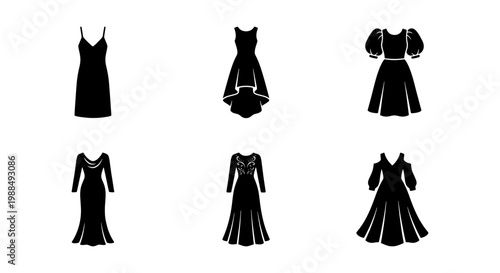 Elegant dress silhouette icons set, 6 black female fashion garment vectors, formal evening gown and cocktail party dress collection for apparel design