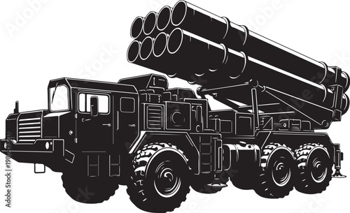 Black, military, truck mounted, multiple rocket launcher, vector illustration, weapon, artillery