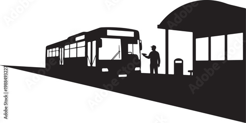 City Bus Stop, Public Transportation, Vector Silhouette, Black Illustration