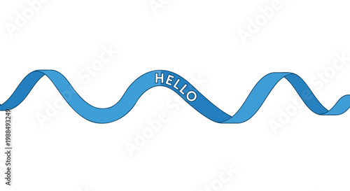 Blue ribbon banner, hello message, wavy strip, greeting element, vector graphic