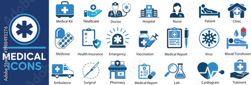 Medical Icon Set Vector Illustration, Solid Icons Collection Including Doctor, Medicine, Hospital, Treatment, Healthcare, Nurse, Pills, and Clinic Symbols for Health Design