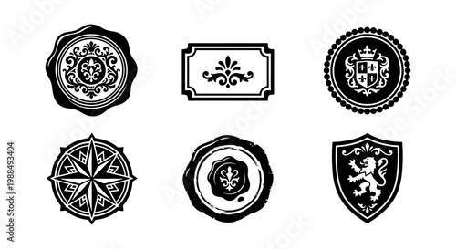 Vintage heraldic crests and wax seals, set of 6 black and white vector emblems, royal lion shield and nautical compass star icons for branding