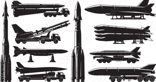 Military missile, rocket, and aircraft silhouettes, black vector icons, 12 elements