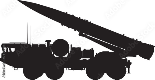 Missile Launcher, Military Vehicle, Black Silhouette, Vector Illustration, Military Equipment