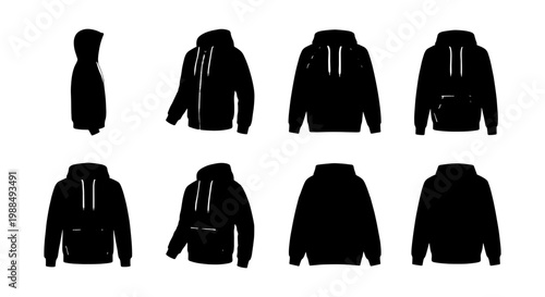 Black hoodie silhouette set with 8 vector elements, hooded sweatshirt apparel mockup icons, front back and side view clothing templates
