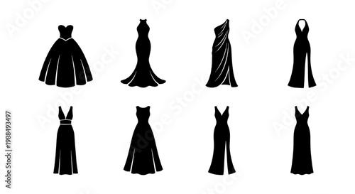 Elegant evening gown silhouettes, set of 8 formal dress icons. Black wedding dress vector illustrations, luxury bridal and gala fashion apparel elements