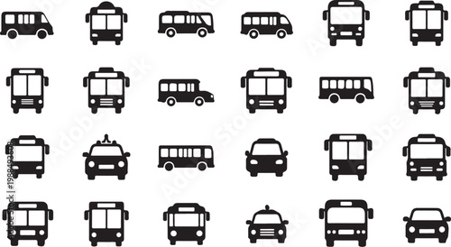 Transportation icons, vehicle symbols, bus signs, 25 black silhouette graphics