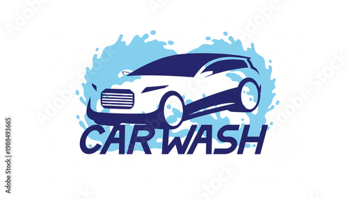 Car wash splash logo with blue and white sports car and bold typography on clean white background featuring vehicle cleaning, auto detailing, emblem