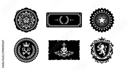Vintage heraldic crests and royal emblems set, black and white luxury labels with lion and crown, 6 vector heraldry icons for branding