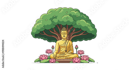 Golden Buddha Statue Meditating Under Bodhi Tree with Pink Lotus Flowers Flat 2D