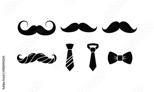 Set of classic mustaches and ties accessories vector silhouette illustration line art.