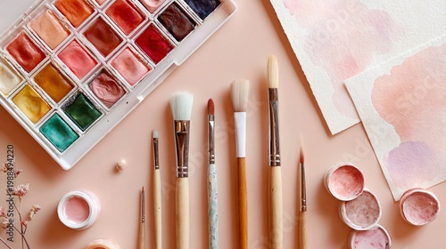 Pastel spring flat lay featuring watercolor paint palette, brushes, and paper on a soft peach background, gentle natural lighting, artistic arrangement with subtle paint stains and airy composition
