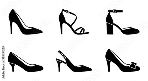 Minimalist high heels icon set, collection of 6 black women shoe silhouettes, elegant female footwear vector illustrations for fashion retail