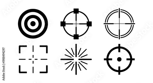 Crosshair and target icon set, 6 black vector reticle symbols, sniper aim and bullseye collection for gaming and hunting UI