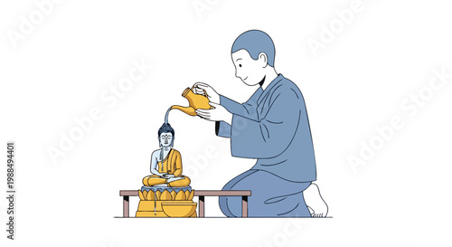 Buddhist monk performing water pouring ritual on Buddha statue for Vesak Day