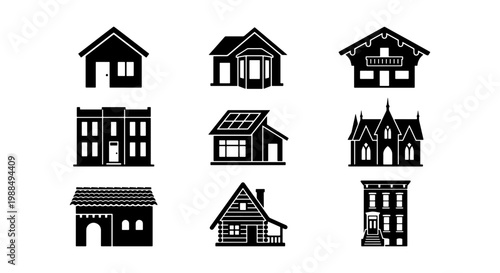 Minimalist house icons set, 9 black vector building silhouettes, residential architecture and real estate property symbols for web design