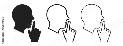 Keep quiet gesture icon set silence secret prohibition vector illustration, finger on lips symbol flat line glyph and outline design