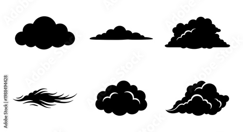 Black cloud silhouettes set, minimalist weather icons vector collection, dark storm and cumulus cloud shapes for graphic design and interface