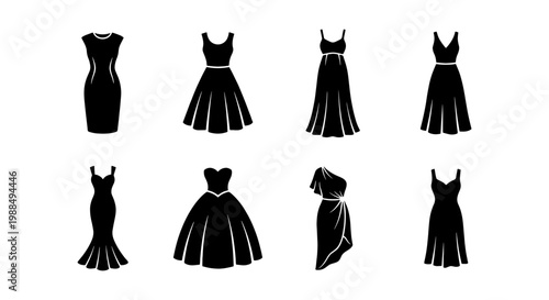 Elegant evening dress silhouettes, set of 8 black female gown icons, formal cocktail and wedding dress vector illustrations for fashion design