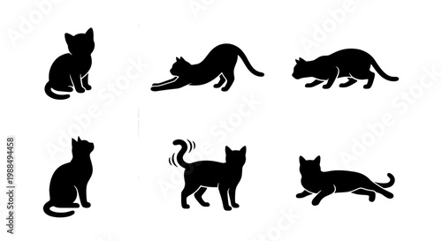 Black cat silhouettes set, 6 vector kitten icons in various poses, feline animal shapes for logo design and pet branding, minimalist domestic cat graphics