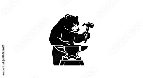 Bear blacksmith mascot holding a hammer at an anvil
