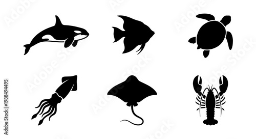 Marine animal silhouette icons set, black sea life vector graphics including orca and sea turtle, 6 aquatic creature symbols for ocean conservation