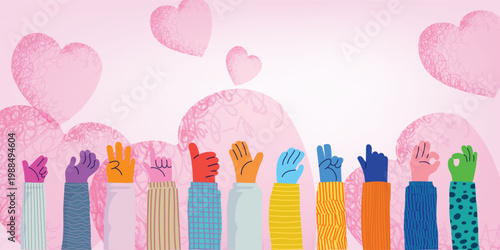 Colorful hands of different shapes, sign, symbol and icon message vector illustration. Symbolizing unity, diversity, love, support, and togetherness in a playful minimalist style.