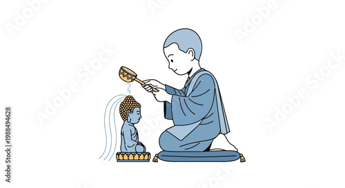 Buddhist Monk Bathing Buddha Statue Ritual for Vesak Day Celebration Flat 2D