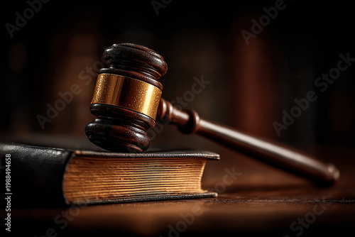 Gavel and Book: a symbol of justice and authority, rests atop a weathered book, suggesting wisdom and jurisprudence, illuminated by soft, focused lighting